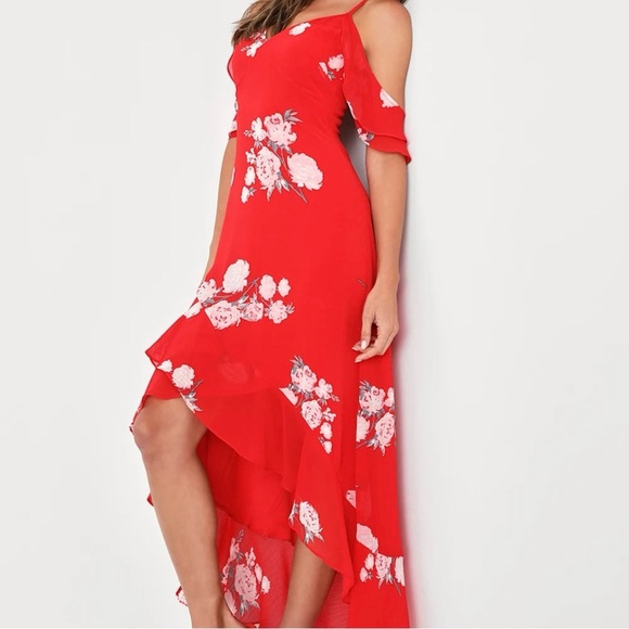 NWT, Lulus Love in Bloom Red Floral Print Off-the-Shoulder High-Low Dress, S - Picture 4 of 15